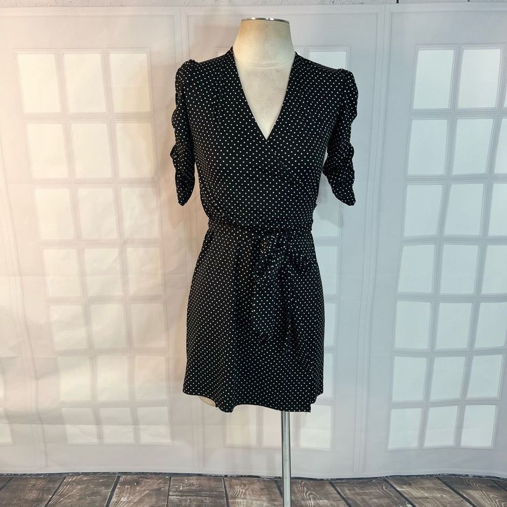 Veronica M short ruched sleeves black and white polka dot wrap dress size small